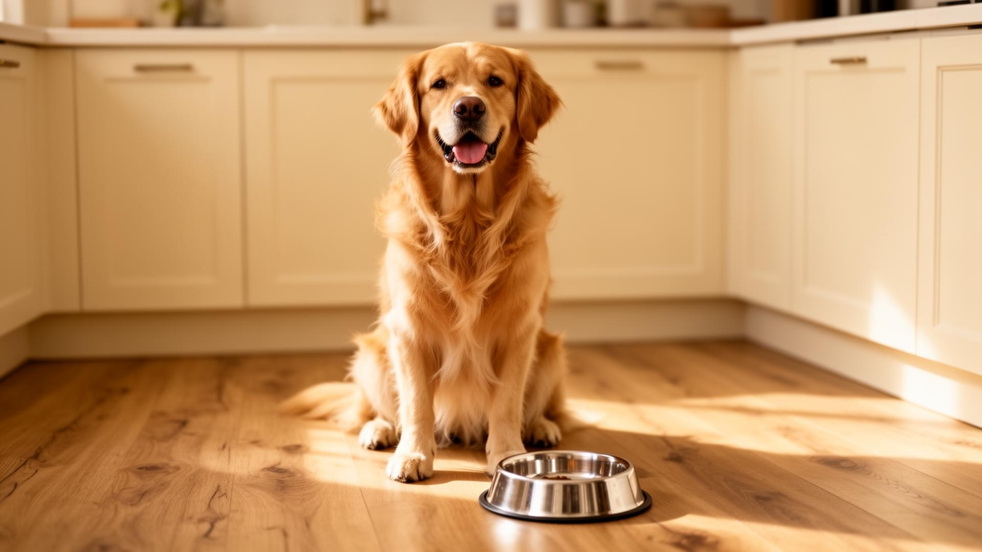A calm golden retriever sitting next to a feeding bowl in a sunlit kitchen