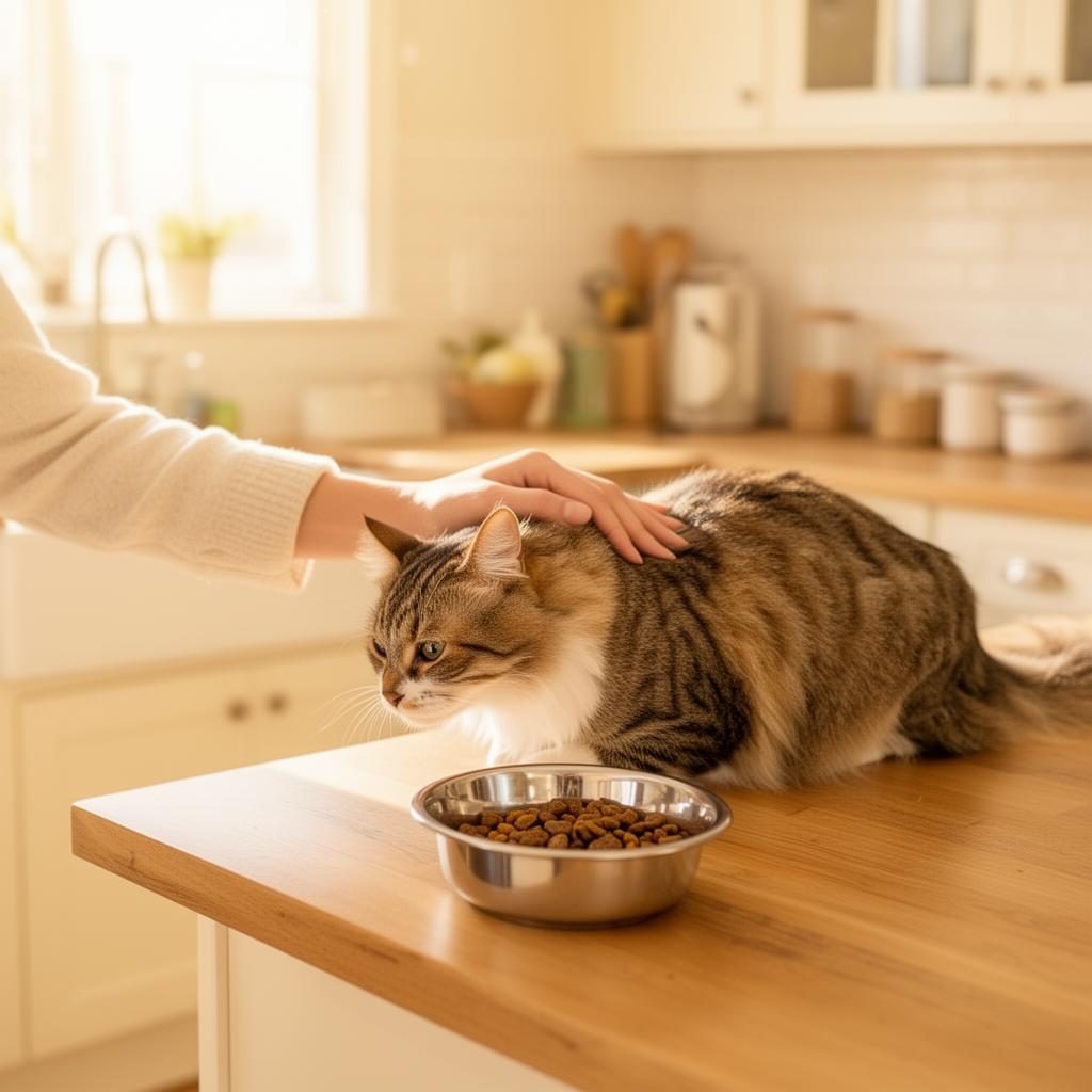 A pet owner gently petting a cat near a feeding bowl